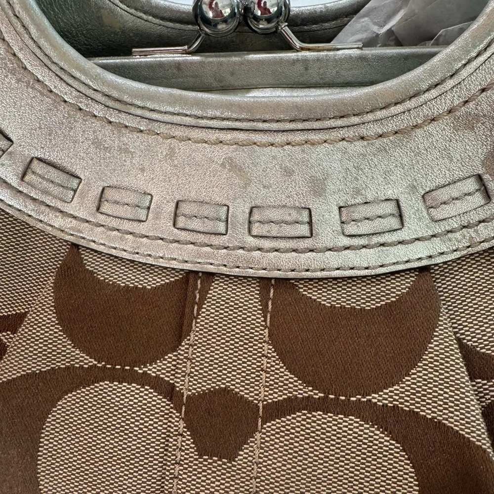 Coach Ergo Op Art Signature Brown Metallic Silver Leather Trim Bag